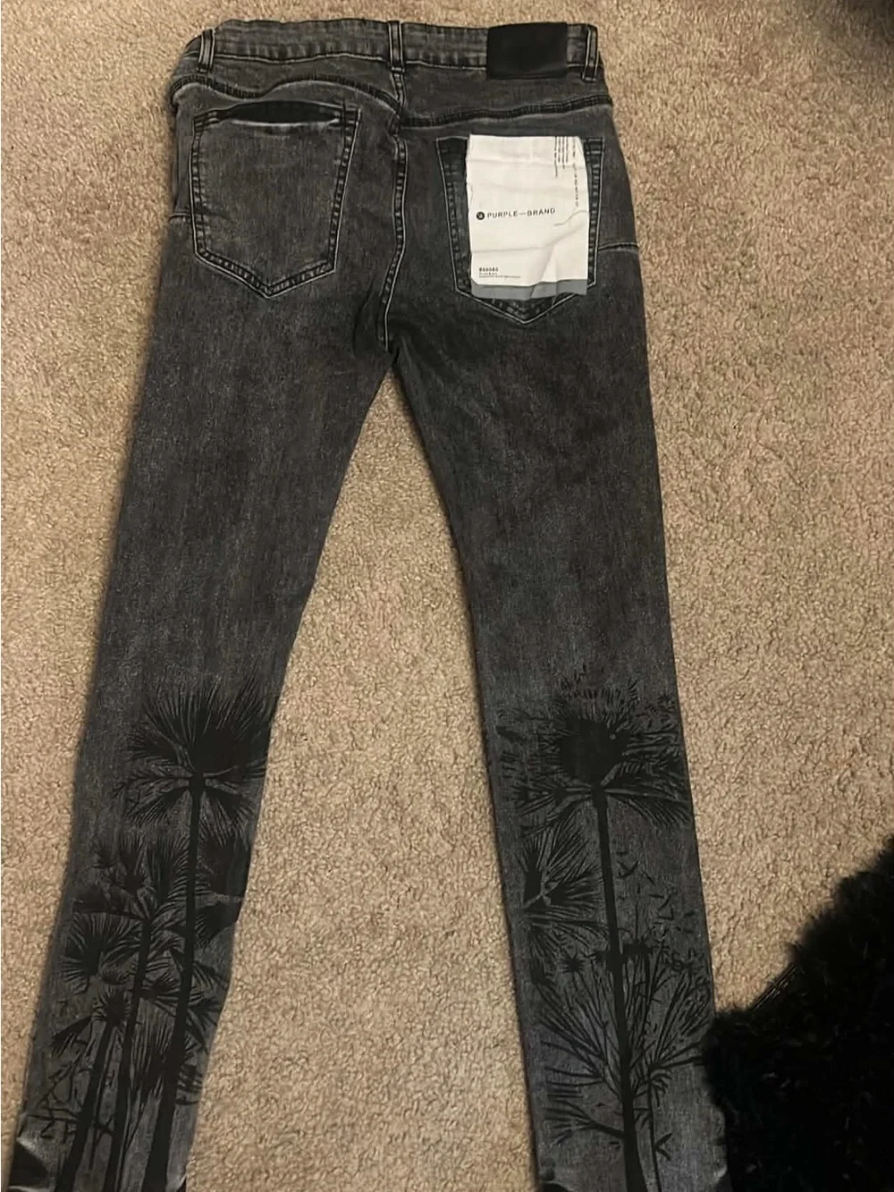 Purple Jeans: Black Palm-Print Skinny Jeans